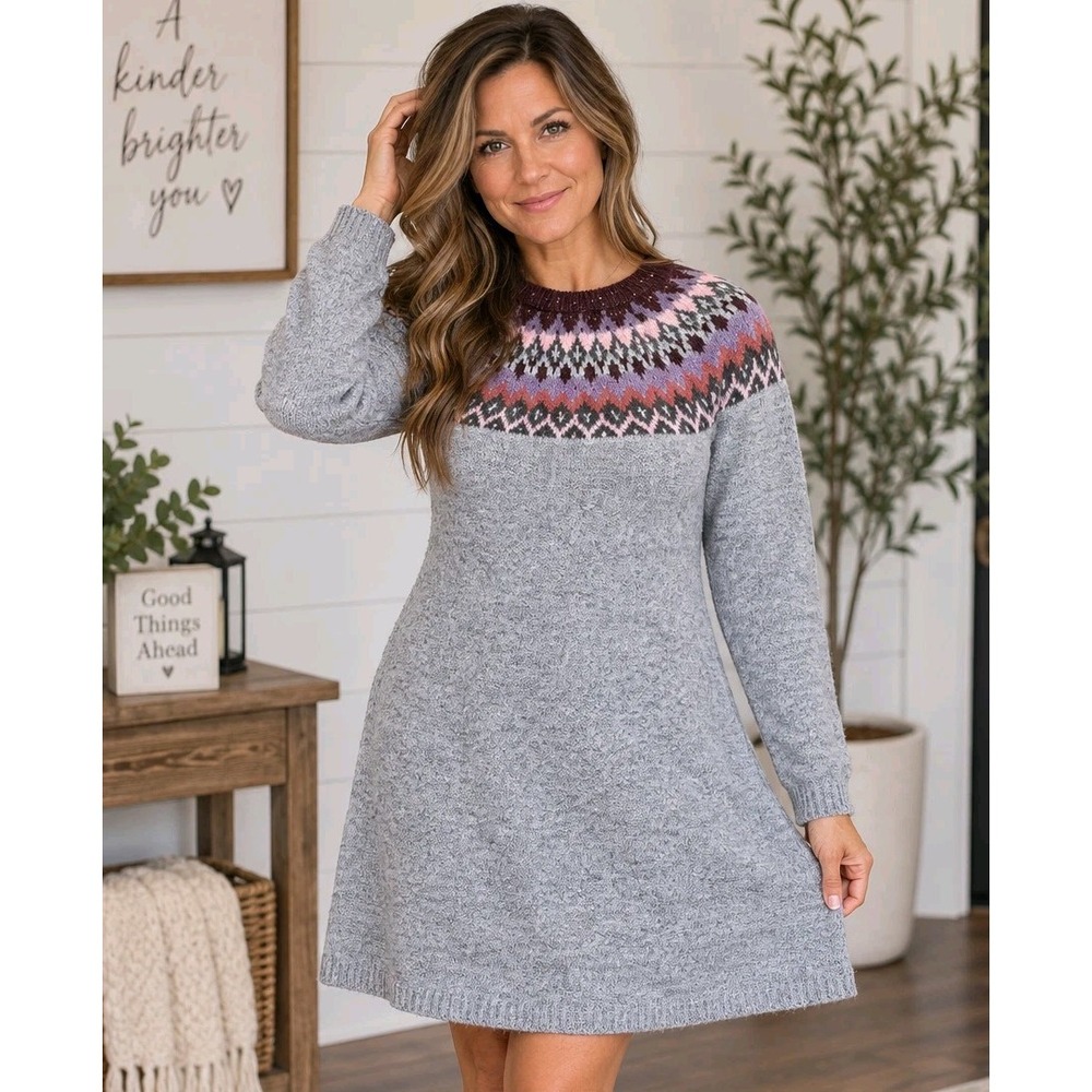 Maurices Womens S Sweater Dress Gray Fair Isle Nordic Metallic Long Sleeve Knit